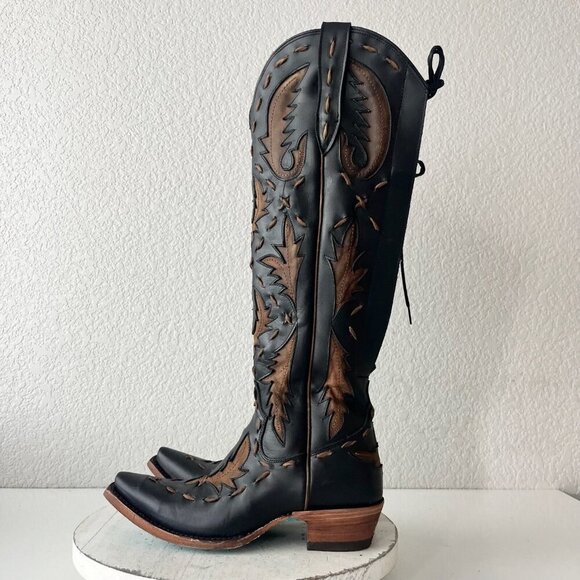 Lane Reverie Knee High Womens Cowboy Boots 6 Black Brown Western Cowgirl Lace Up - Picture 4 of 11
